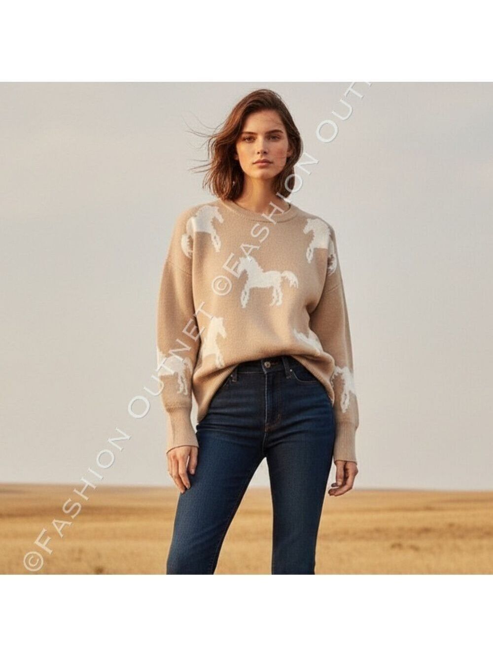 Jason Wu Equestrian Horse Print Sweater XL Tan Neutral Coastal Grandmacore NWT